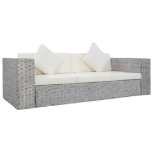 3-osobowa sofa z poduszkami, szara, naturalny rattan
