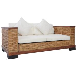 2-osobowa sofa z poduszkami, brązowa, naturalny rattan