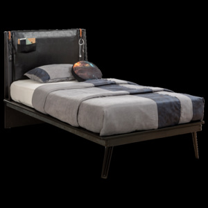 Łóżko młodzieżowe Dark Metal z płyty wiórowej i metalu, ze schowkiem i tapicerowanym zagłówkiem, czarno - grafitowe, 200x100 cm