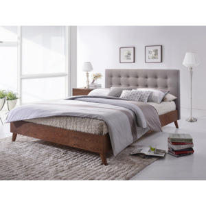 Drewniane łóżko Lotte z tapicerowanym zagłówkiem w kolorze szarym