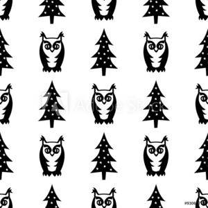 Fototapeta Czarno-biały wzór zima bez szwu - święta drzewa i sowy Ilustracja las zimowy