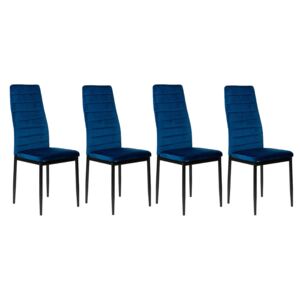 4 Krzesła Tapicerowane - K1 - Wzór Pasy, Welur Niebieski, Nogi Czarne