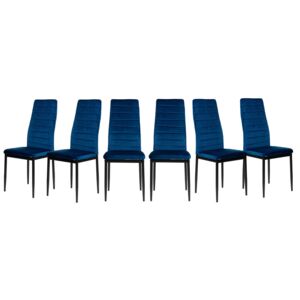6 Krzeseł Tapicerowanych - K1 - Wzór Pasy, Welur Niebieski, Nogi Czarne