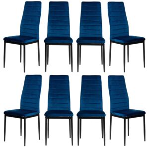 8 Krzeseł Tapicerowanych - K1 - Wzór Pasy, Welur Niebieski, Nogi Czarne