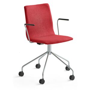 Krzesło konferencyjne OTTAWA, na kółkach, podłokietniki, czerwona tkanina, szary