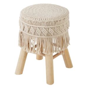 Stołek boho z siedziskiem pokrytym makramą, wys.42 cm, beżowy