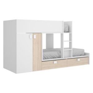 Łóżko piętrowe JUANITO – wbudowana szafa – 2 × 90 × 190 cm – kolor biały i dębowy