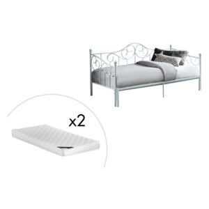 Rozkładane łóżko SEBILLE – 2 × 90 × 200 cm lub 180 × 200 cm – metal – kolor biały, w zestawie z materacem