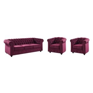 Kanapa 3-osobowa i 2 fotele CHESTERFIELD – welur – kolor purpurowy