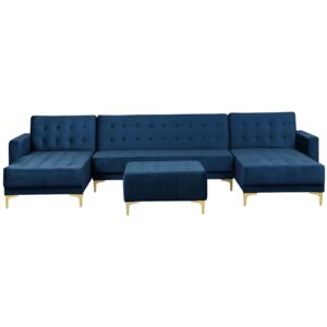 Sofa rozkładana podkowa welur ciemnoniebieska z otomaną ABERDEEN