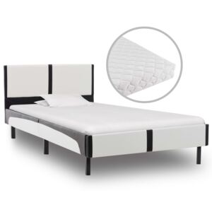 Łóżko z materacem, biało-czarne, ekoskóra, 90 x 200 cm