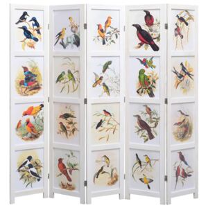 Parawan 5-panelowy, biały, 175 x 165 cm, ptaki