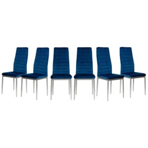 6 Krzeseł Tapicerowanych - K1 - Wzór Pasy, Welur Niebieski, Nogi Srebrne