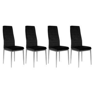 4 Krzesła Tapicerowane - K1 - Wzór Pasy, Welur Czarny, Nogi Srebrne