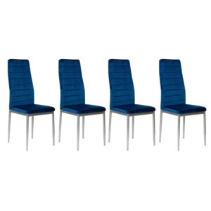 4 Krzesła Tapicerowane - K1 - Wzór Pasy, Welur Niebieski, Nogi Srebrne