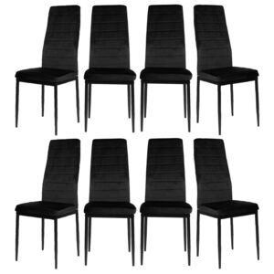 8 Krzeseł Tapicerowanych - K1 - Wzór Pasy, Welur Czarny, Nogi Czarne
