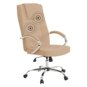 Krzesło biurowe beżowe ze srebrnym skórzane obrotowe regulacja wysokości wysokie oparcie funkcja masażu podgrzewania poduszka pod głowę