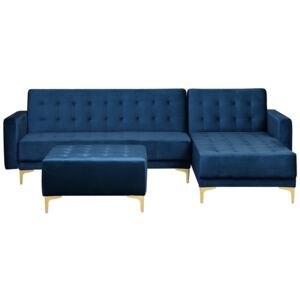 Sofa rozkładana welur ciemnoniebieska lewostronna z otomaną ABERDEEN