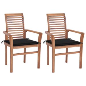 Krzesła stołowe, 2 szt., czarne poduszki, lite drewno tekowe