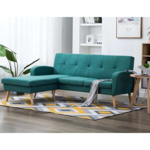 Zielona sofa z leżanką do salonu, na drewnianych nóżkach