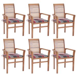 Krzesła stołowe z poduszkami w czerwoną kratę, 6 szt., tekowe