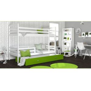 Łóżko piętrowe potrójne z szufladą JACEK 190x80cm, kolor biało-zielony