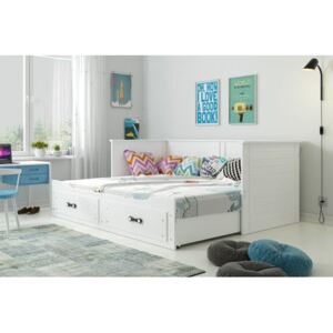 Łóżko podwójne wysuwane z szufladą i materacami 200x80cm HERMES, kolor biały