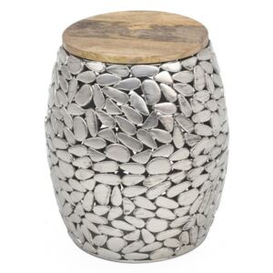 Stolik w srebrnym kolorze z drewnianym blatem WOOX LIVING Pebble, ⌀ 40 cm