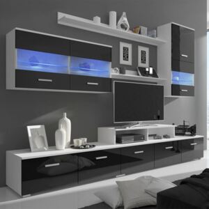 7-częściowy zestaw mebli TV z podświetleniem LED 250 cm, wysoki połysk, czarny