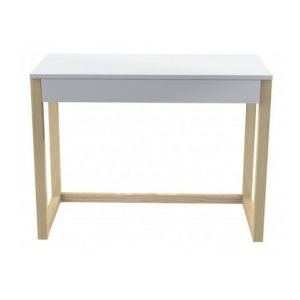 Białe biurko DES5/1 - 100x50x75cm z drewnianymi nogami i szufladą