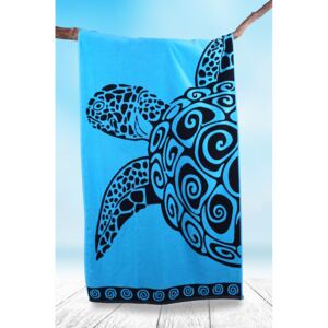 DecoKing - Ręcznik Plażowy Bawełniany Turkusowy TURQUISE TURTLE Z ŻÓŁWIEM 90x180 cm