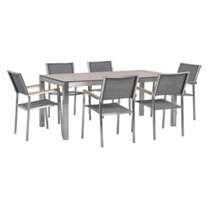 Zestaw ogrodowy stół HPL z dębowym wykończeniem i 6 krzeseł szarych GROSSETO