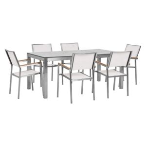 Zestaw ogrodowy stół HPL z marmurowym wykończeniem i 6 krzeseł białych GROSSETO