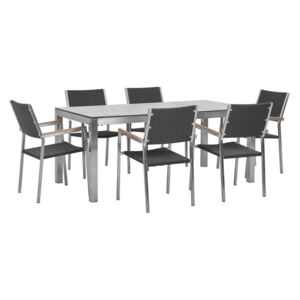Zestaw ogrodowy stół HPL z marmurowym wykończeniem i 6 krzeseł rattanowych czarnych GROSSETO