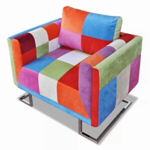 Fotel w formie kostki z chromowaną podstawą, patchworkowy