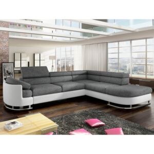 Sofa narożna rozkładana z tkaniny i materiału skóropodobnego MYSEN - Biały i szary - Narożnik prawostronny