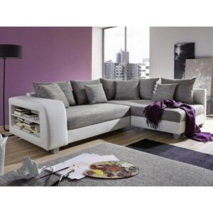 Sofa narożna rozkładana z tkaniny i materiału skóropodobnego KUOPIO - Szary i biały - Narożnik prawostronny