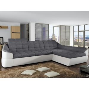 Sofa narożna rozkładana z tkaniny i materiału skóropodobnego FAREZ - Model dwukolorowy biały i szary - Narożnik prawostronny