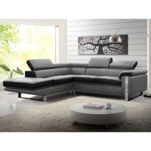 Sofa narożna ze skóry MYSTIQUE - Model dwukolorowy czarno-szary - Narożnik lewostronny