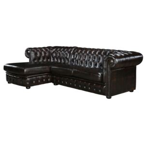 Narożna sofa BRENTON w stylu Chesterfield, 100% skóry bawolej – kolor czekoladowy z kasztanowymi refleksami – lewoskrętna