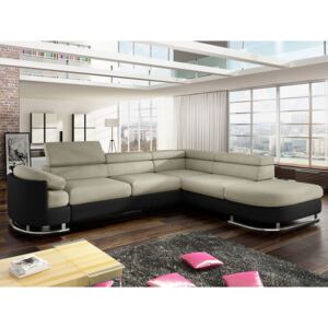 Narożna rozkładana sofa z tkaniny i ekoskóry MYSEN - Kolor czarny i beżowy - Narożnik prawostronny