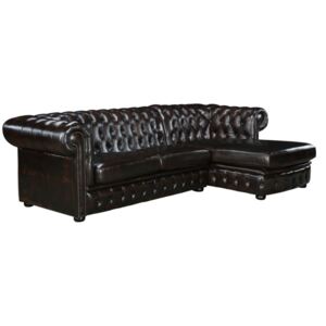 Narożna sofa BRENTON w stylu Chesterfield, 100% skóry bawolej – kolor czekoladowy z kasztanowymi refleksami – prawoskrętna