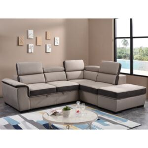 Rozkładana sofa narożna DAYO z pufem – prawoskrętna – z tkaniny – kolor beżowy z szarymi wstawkami