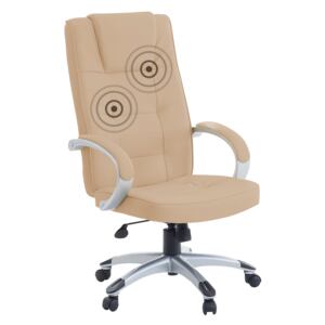 Krzesło biurowe kremowe skórzane obrotowe regulacja wysokości wysokie oparcie funkcja masażu podgrzewania poduszka pod głowę