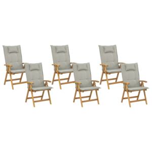 Zestaw 6 krzeseł ogrodowych jasne drewno lite akacjowe z beżowoszarymi poduszkami składane styl rustykalny Beliani