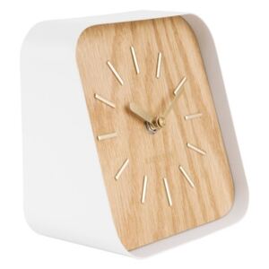 Biały metalowy zegar stołowy z elementami drewnianymi Karlsson Squared