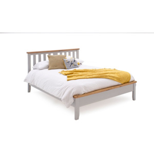 Łóżko Ferndale z płyty MDF i drewna sosnowego, szare z drewnianymi wstawkami
