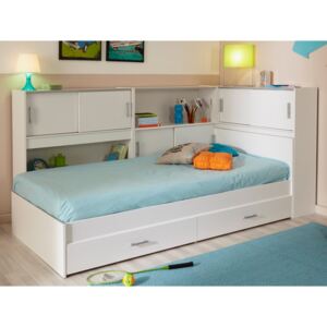 Łóżko BASILE cm z półkami i 2 szufladami modułowe 90 ×190 cm lub 90 × 200 cm - Biały