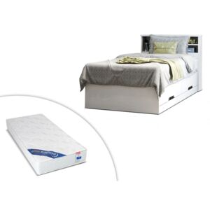 Łóżko BORIS z szufladami i półkami - biały - 90 × 190 cm + materac ZEUS 90 × 190 cm