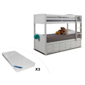 Łóżko piętrowe ANCHISE z możliwością rozdzielenia - 90 × 190 cm - Z półkami - Lakierowane na biało + materac ZEUS 90 × 190 cm